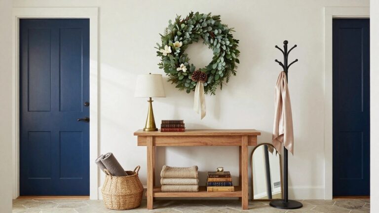 Navy blue paneled wall in an entryway featuring a Christmas wreath of eucalyptus, white magnolias, pinecones, and a white bow, next to a wooden console table with books, brass lamp, seagrass basket of towels, arched mirror, and black coat rack with beige scarf.