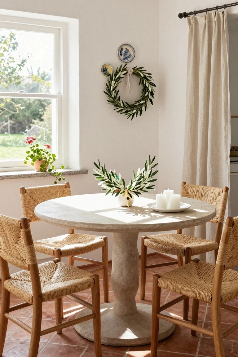 Dining room interior with round white stone pedestal table, four rattan chairs with wood frames, olive leaf wreath on white wall above table, white candles and plate on table, window with potted plant, beige linen curtains, terracotta floor tiles.