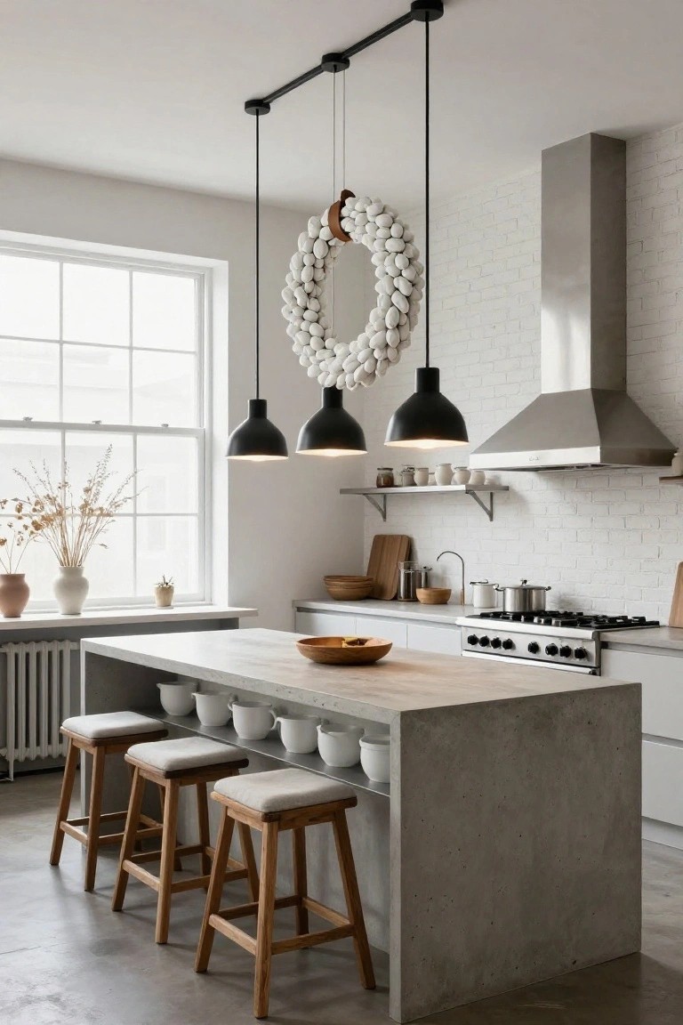 Modern white kitchen with gray concrete island, four wooden bar stools with white cushions, three black pendant lights over island with white eggshell wreath hanging from one pendant, stainless steel range hood, white brick backsplash, and window with potted plants.