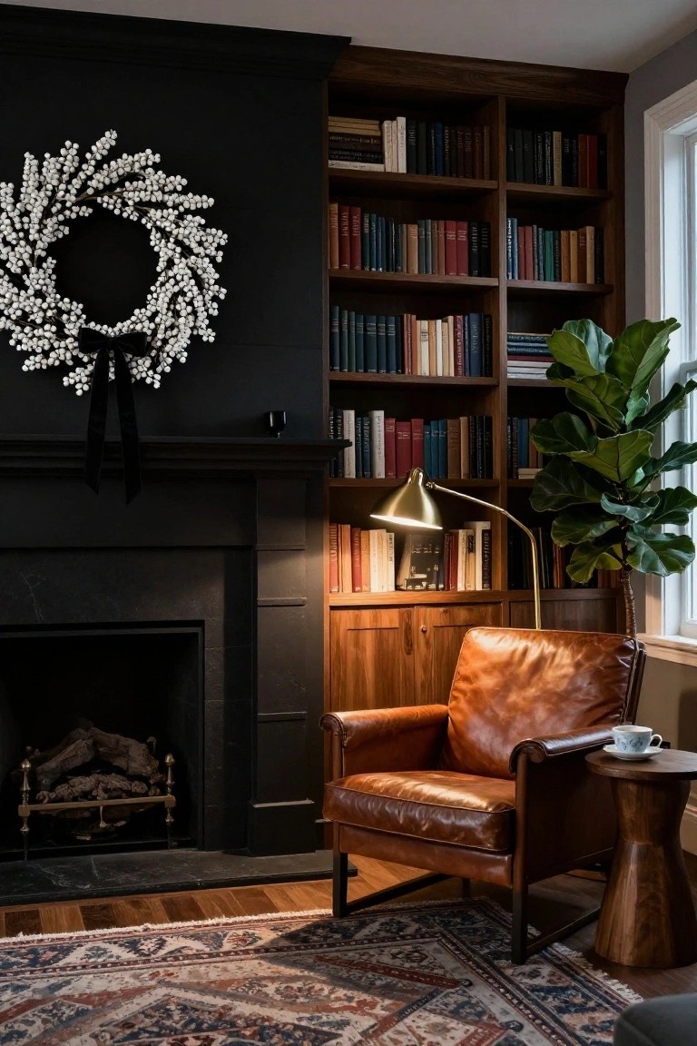 White Wreath Above Dark Fireplace Mantel