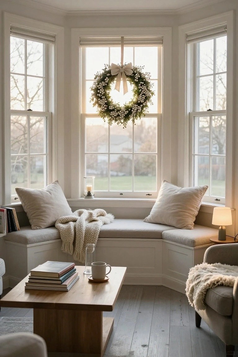 Bay window nook in a neutral-toned room with white Christmas wreath centered on the windows, cushioned bench with beige pillows and knit blanket, wooden coffee table holding stacked books and white mug, small lamp on bench, and gray armchair nearby.