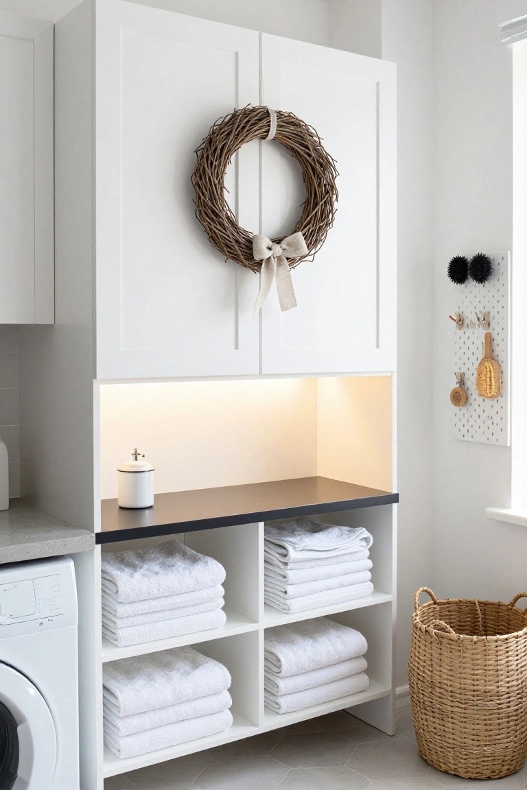 Tall white shaker-style cabinetry in a laundry room with a beige-bowed grapevine wreath centered on the upper doors, open shelves below holding folded white towels, a white canister on the dark countertop, front-loading washer adjacent, wicker basket on the tile floor, and pegboard wall accessories.