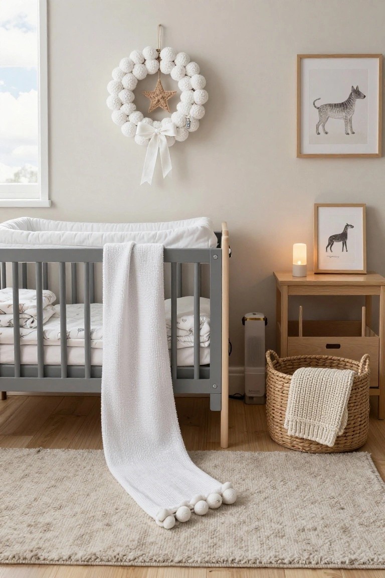 A cozy nursery with a gray crib draped in a white blanket, white pom-pom Christmas wreath with star on the wall, framed dog illustrations, wooden side table with lamp, air purifier, and wicker basket on beige carpet.