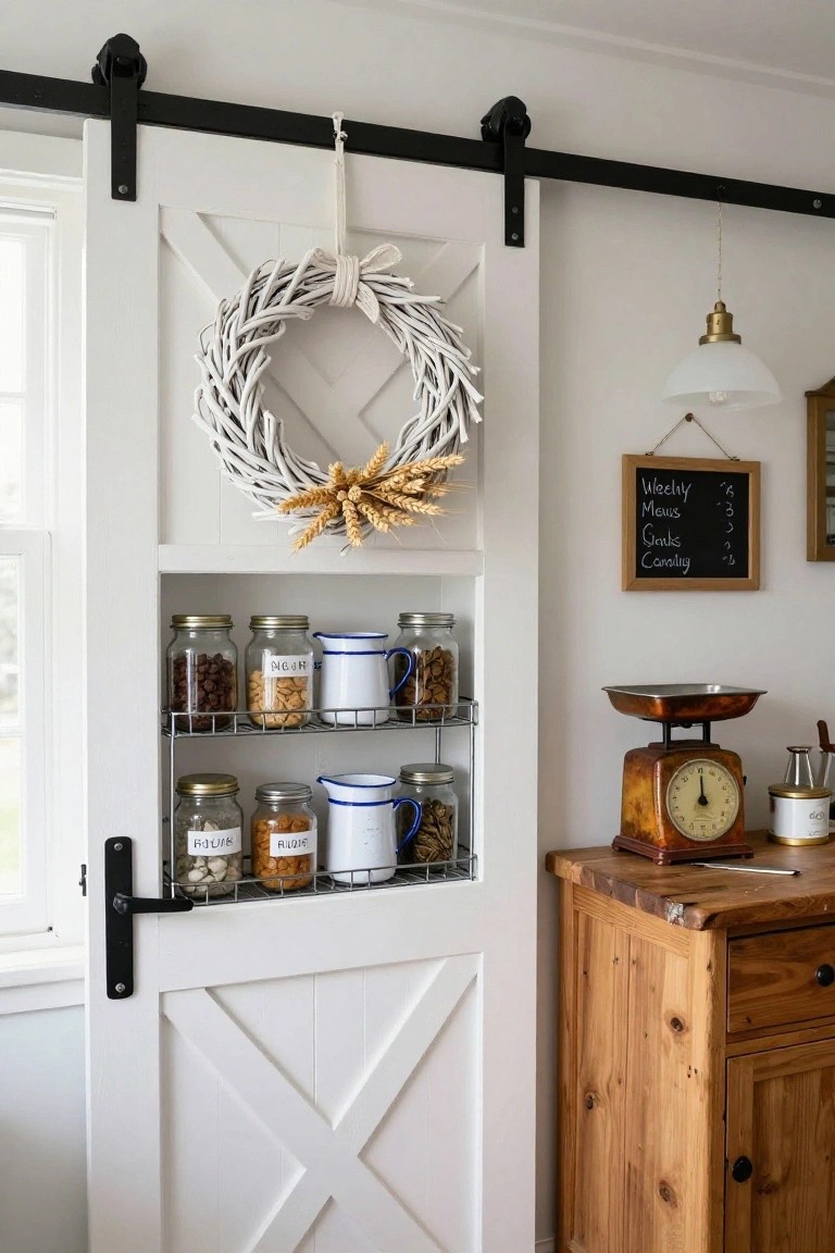 White sliding barn door with X bracing and a white wreath featuring wheat accents hanging on it, built-in wire shelves holding glass jars of nuts, snacks, and grains, brass scale on wooden counter nearby.