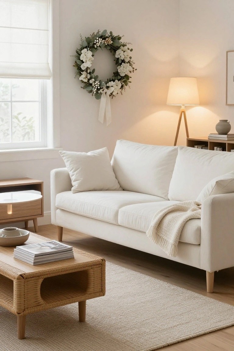 White sofa with throw blanket in a light living room corner, white Christmas wreath with eucalyptus on the wall by a window with sheer shades, wooden coffee table with magazines, floor lamp, and side table.