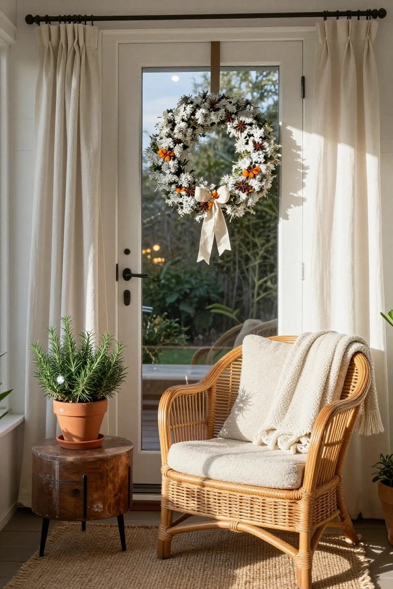 White floral Christmas wreath with star anise and bow hanging on a glass door in a sunroom featuring beige curtains, rattan armchair with cream throw, terracotta pot of rosemary on wood side table, and garden visible through the glass.
