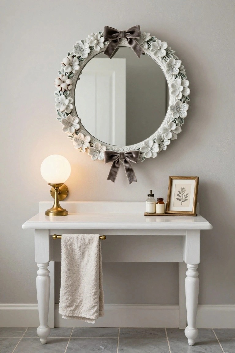A round white mirror framed by a white ceramic wreath of flowers and cotton bolls with a gray velvet bow hangs above a white wooden vanity table in a bathroom, next to a gold table lamp, glass bottles, a framed botanical print, and a draped towel on a brass bar.