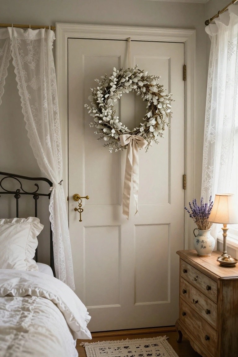 White dried eucalyptus Christmas wreath with cream bow hanging on white paneled interior door in bedroom with black metal bed frame, white ruffled bedding, lace curtains, wooden dresser holding lavender stems in vase and table lamp.