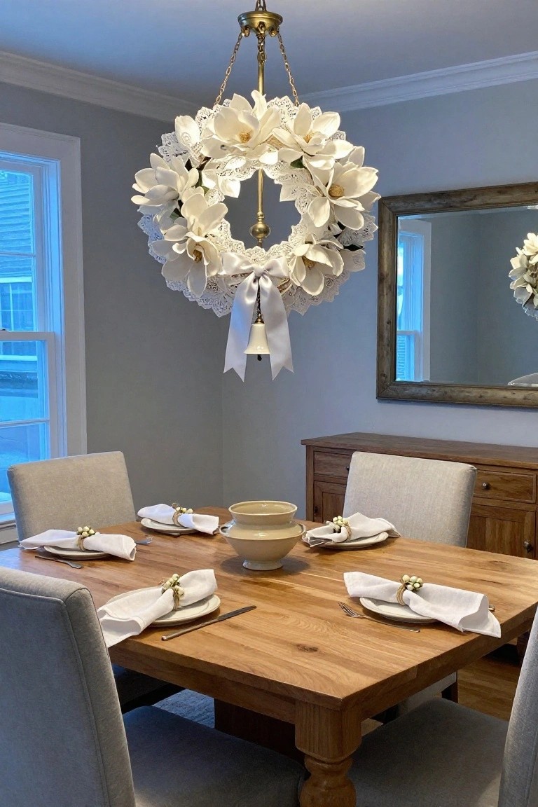 Dining room with white magnolia wreath hanging from brass chandelier above oak dining table set with white napkins, gold rings, plates, and utensils, beige chairs, wooden sideboard with bowl, and rustic wood mirror on gray wall.