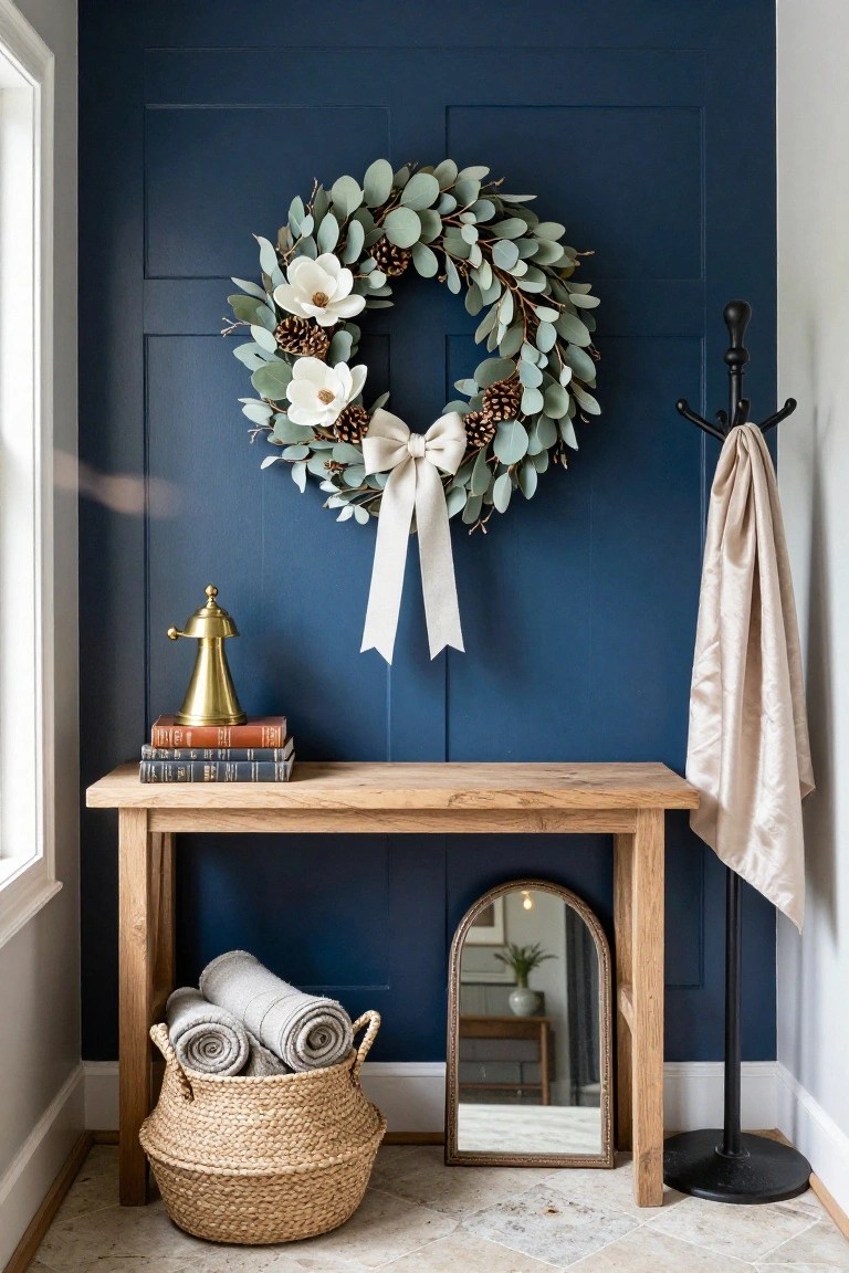 Navy blue paneled wall in an entryway featuring a Christmas wreath of eucalyptus, white magnolias, pinecones, and a white bow, next to a wooden console table with books, brass lamp, seagrass basket of towels, arched mirror, and black coat rack with beige scarf.