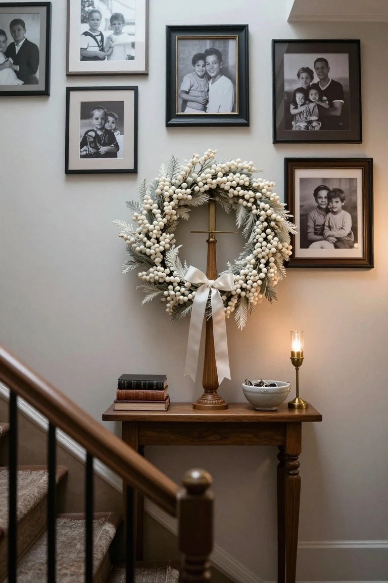 White berry wreath on a wooden cross stand with ribbon bow hangs on a light gray hallway wall surrounded by black and white framed family photos, next to a wooden side table with stacked books, lit candle, white bowl, and staircase railing.