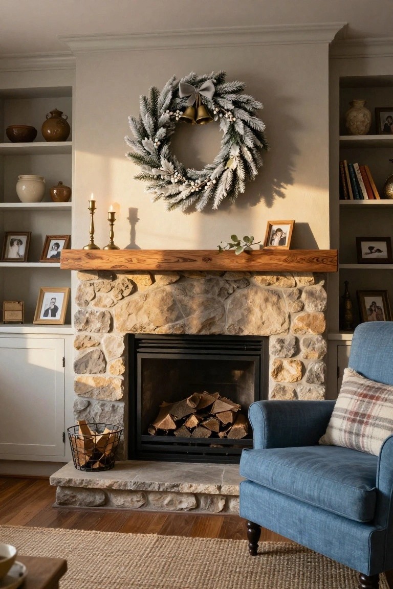 Living room with stone fireplace topped by wooden mantel holding a large white flocked Christmas wreath with berries and bells, flanked by brass candlesticks, built-in shelves with pottery photos and books, firewood basket, and blue armchair on wood floor.