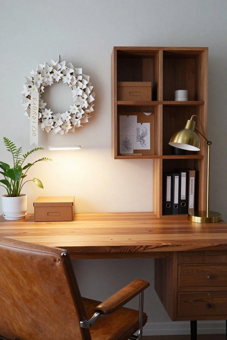 A white wreath of paper flowers with a gold ribbon hangs on a light gray wall above a wooden desk and shelves in a home office, next to a potted fern, a desk lamp, files, and a brown leather chair.