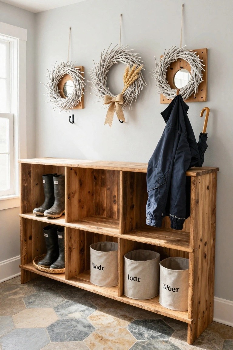 Rustic wooden entry bench with open cubbies holding black rubber boots on woven mats, canvas bins labeled Vordr, Loddr, and Kver, a navy jacket draped over the end and an umbrella on hooks nearby, three white twig wreaths with mirrors and wheat accents hanging on the wall above, light gray walls and hexagonal tile floor.