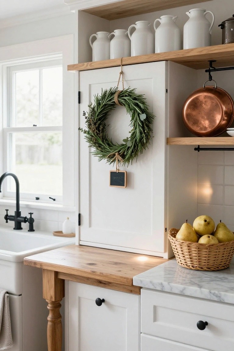 White Shaker-style kitchen cabinet door with a green rosemary and eucalyptus wreath hanging from twine and a small chalkboard sign, next to farmhouse sink, wooden countertop, and marble section holding a basket of pears.