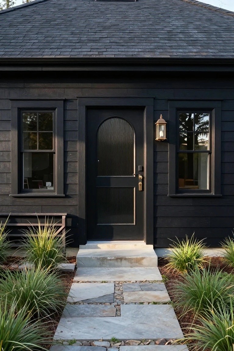 Small black shingle-style bungalow exterior with arched black front door, brass lantern, dark-framed windows, concrete steps, flagstone path, and ornamental grasses.