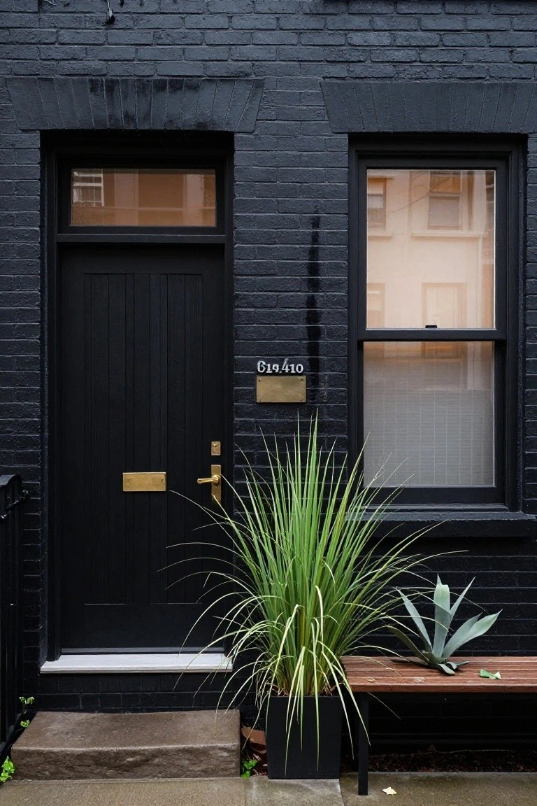 Black brick bungalow exterior with matte black front door featuring gold knocker and numbers 619410, adjacent black-framed window with blinds, potted grass and agave plants, wooden bench, and stone steps on a wet sidewalk.