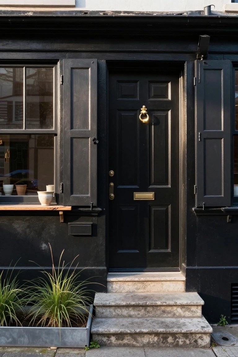 Black-painted bungalow exterior with a centered black front door featuring brass knocker and letterbox, flanked by open black shutters on multipane windows, a wooden sill holding ceramic pots, and a metal planter of grasses beside stone entry steps.