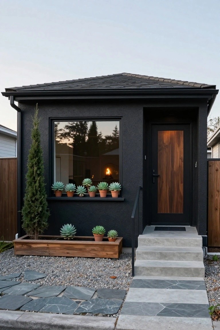 Small matte black bungalow with black-framed window holding potted succulents on sill, tall wood entry door, conifer tree beside it, wood planter box, concrete steps, gravel yard, and stone path.