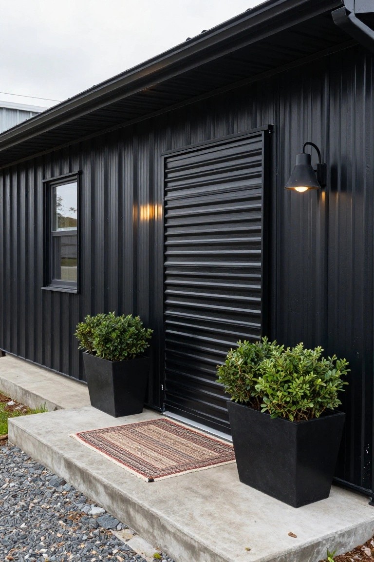 Side view of a small black corrugated metal building with vertical slatted roll-up door entrance, two black pots of boxwood shrubs on concrete steps with a woven welcome mat, black wall lantern with lit bulb, gravel and concrete base.