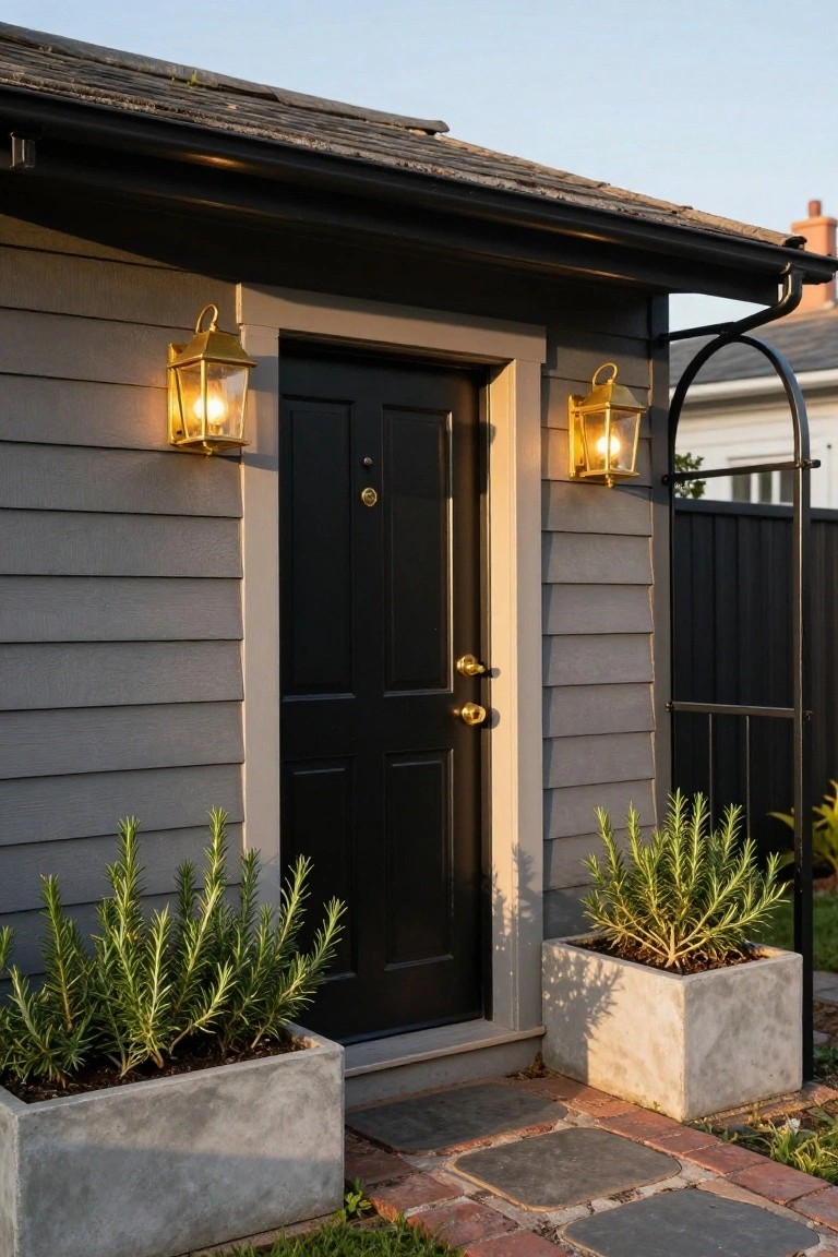 Gray shingled bungalow exterior with black double door centered under an overhang, flanked by two gold lanterns and white concrete planters filled with rosemary, adjacent to a black metal arch and stone pathway.