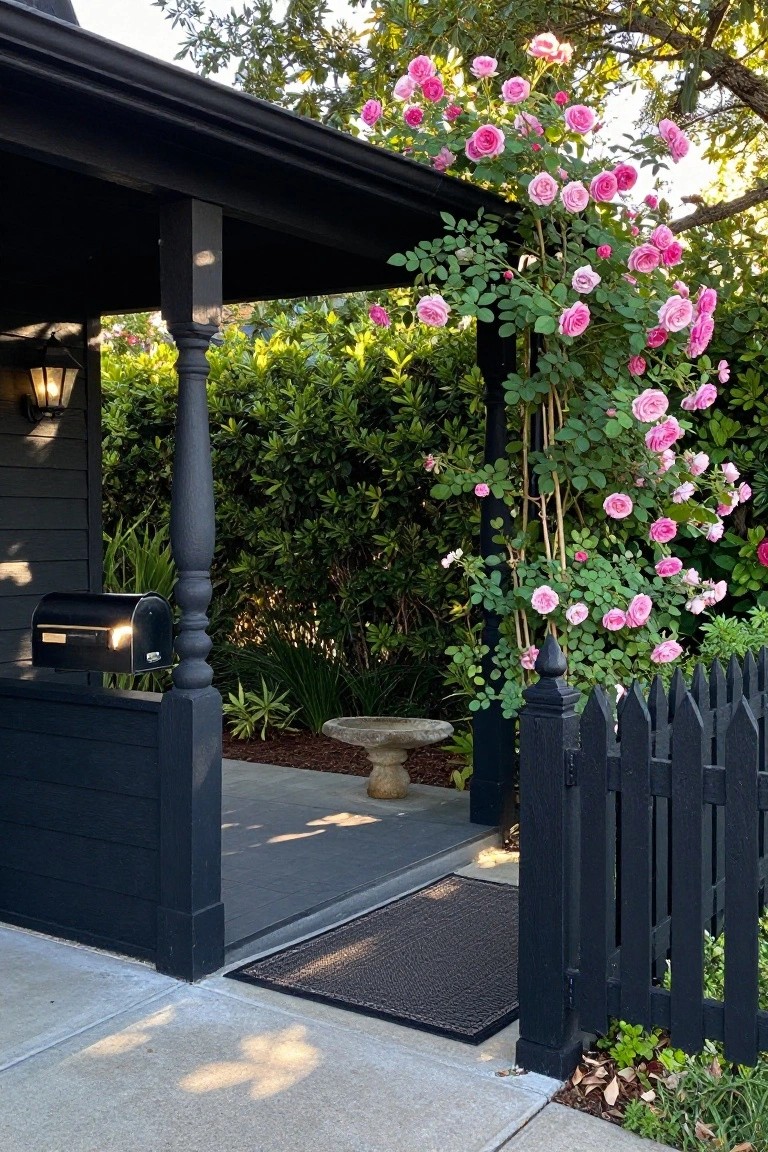 Black-painted bungalow porch with turned posts covered in pink climbing roses, a wall-mounted lantern, black mailbox, stone birdbath, black picket fence, greenery hedge, and concrete entry path.