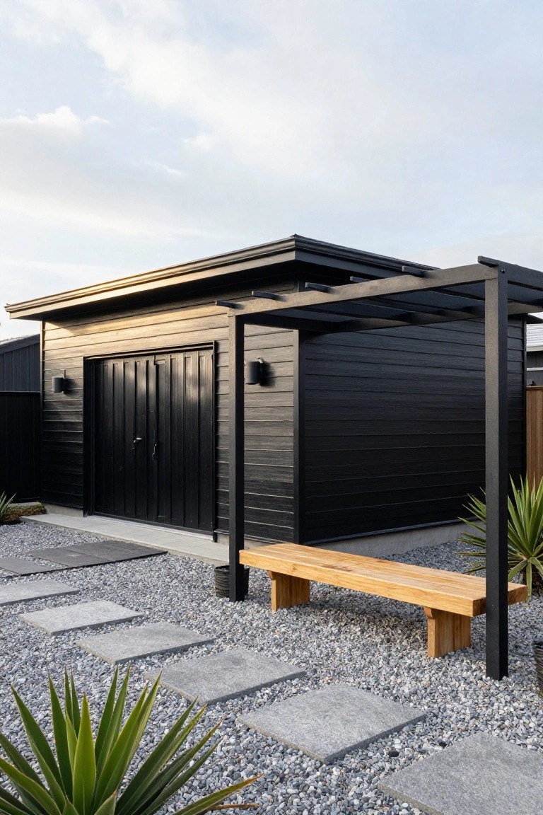 Small black wood-clad bungalow with double barn-style doors, wall-mounted lights, metal pergola overhang, wooden bench, gravel path with stepping stones, and yucca plants in the yard.