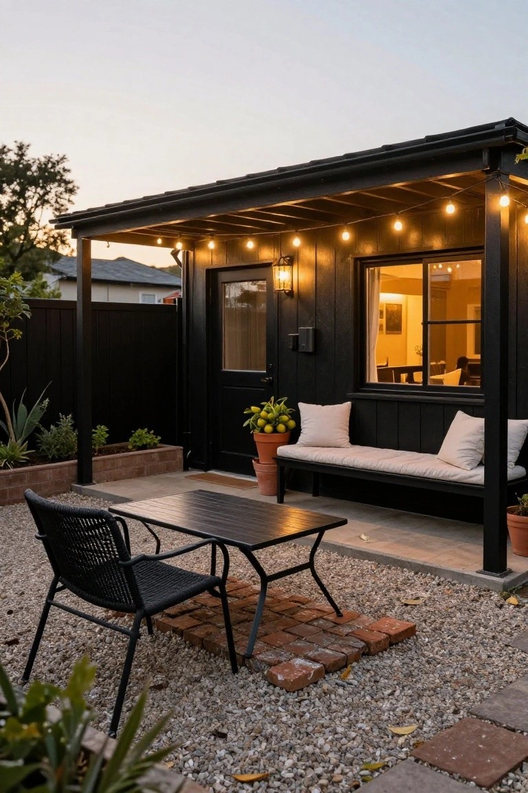 Small black wood-sided backyard bungalow with covered porch strung with lights, side bench with cushions, small black table and chair on gravel patio, potted plants, raised beds, and fence at dusk.
