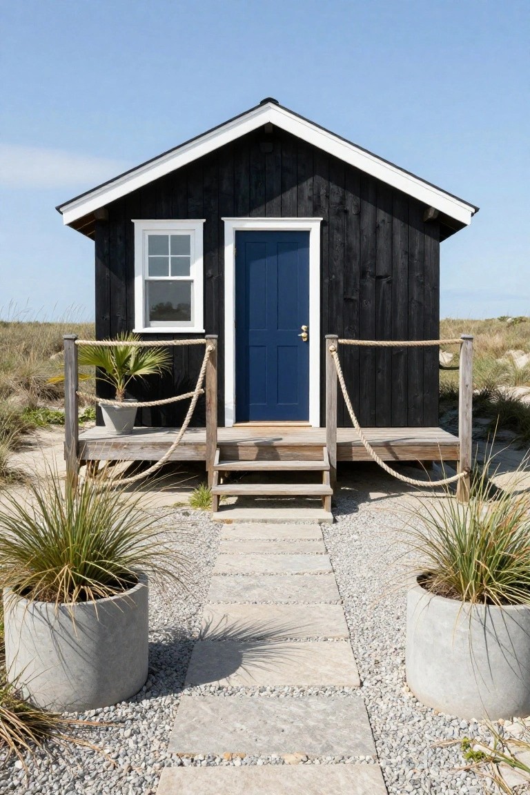 Small black wooden bungalow with gabled roof, white trim, blue front door, elevated on wooden deck with rope balustrade and steps, potted plants, stone path, beach grass, and sand surroundings.
