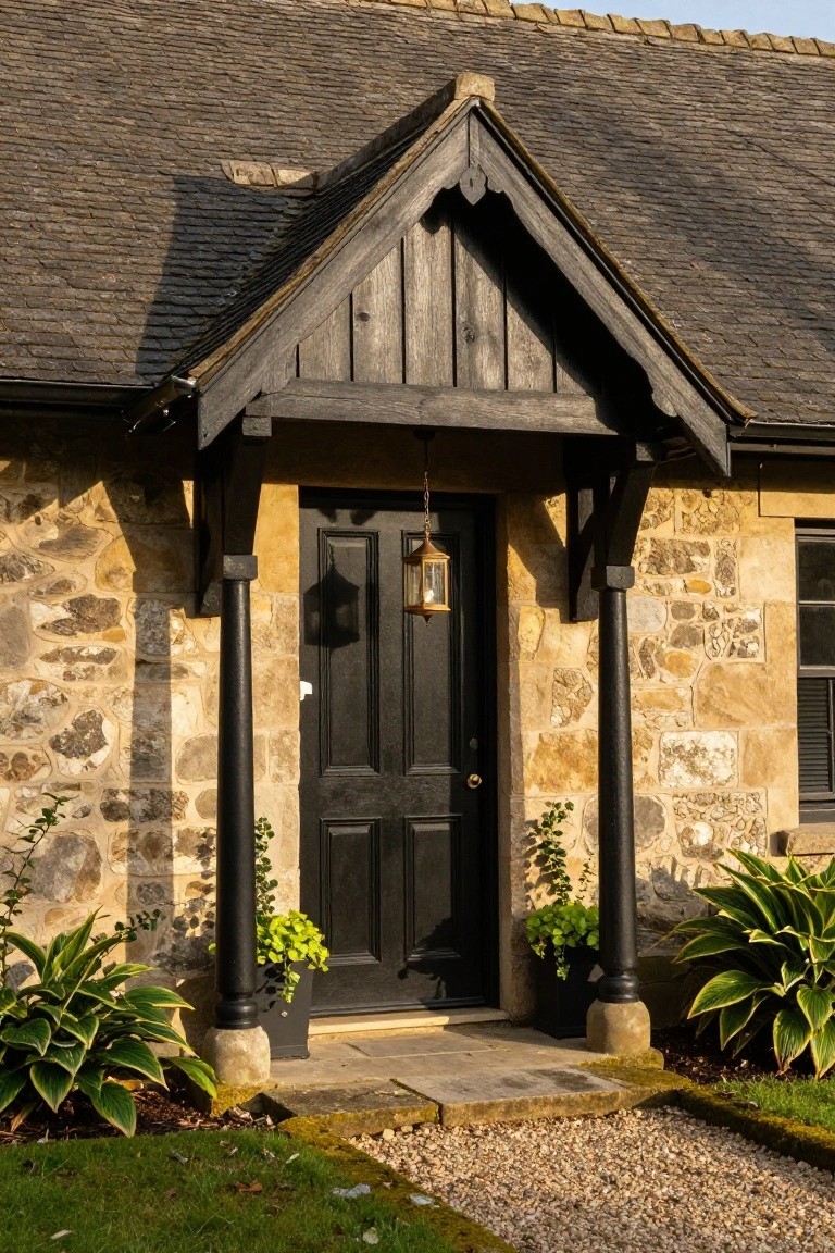 Stone bungalow facade with black four-panel front door under dark wooden gabled porch canopy on black columns, brass lantern hanging above door, potted plants on either side, gravel path leading up.