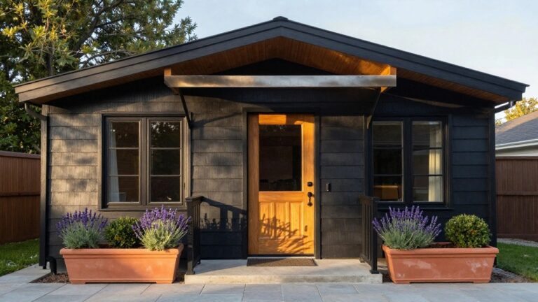 Small black shingle-style bungalow exterior featuring a natural wood front door with glass panel, flanked by two large terracotta pots of lavender, black siding, double-hung windows, and a wooden soffit overhang.