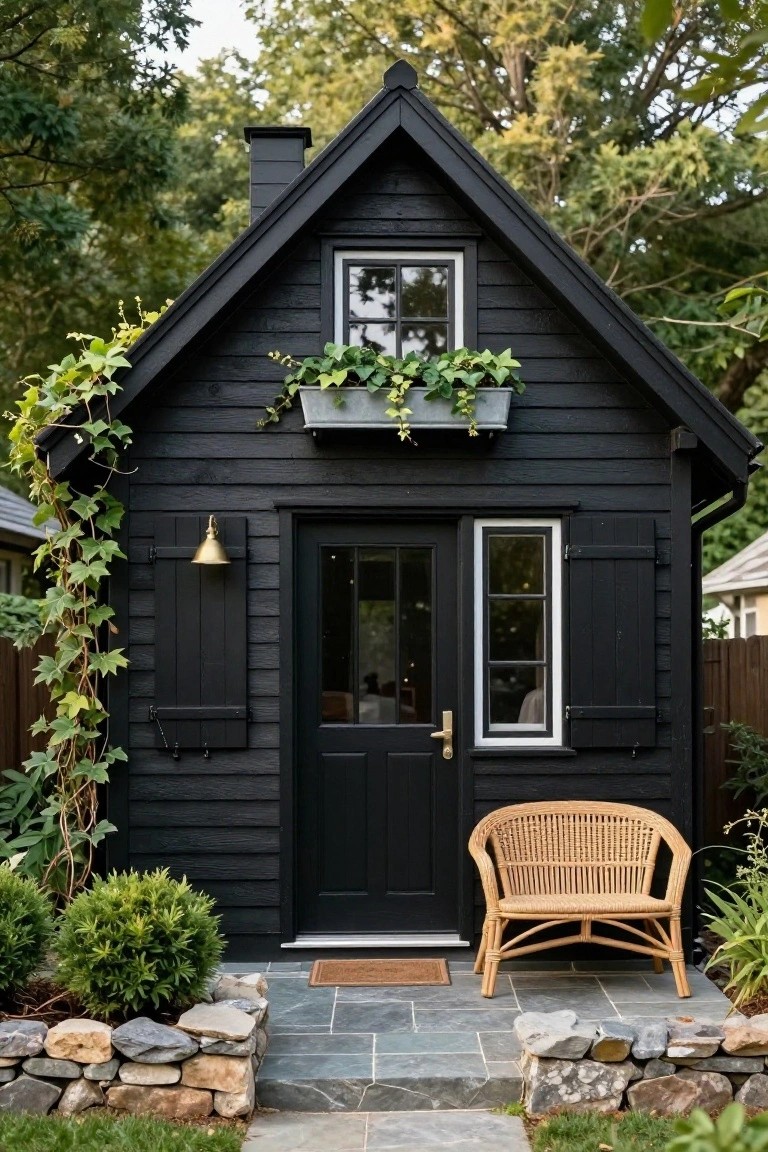 Small black wood-shingled gabled bungalow with ivy on one side, metal window box with plants, black shutters, brass wall lantern, black double doors, white-framed window, rattan armchair on slate steps with stone walls and shrubs in a garden setting.