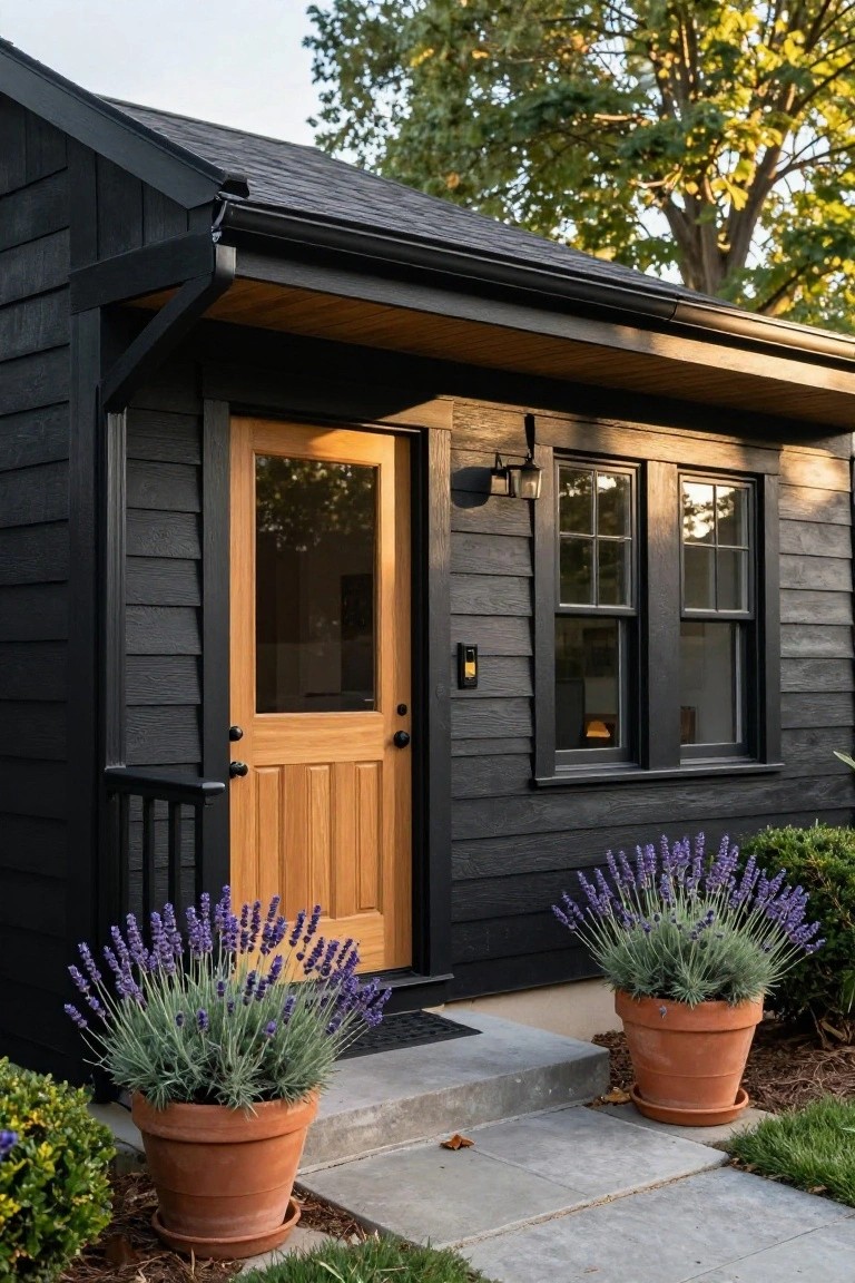Small black shingle-style bungalow exterior featuring a natural wood front door with glass panel, flanked by two large terracotta pots of lavender, black siding, double-hung windows, and a wooden soffit overhang.