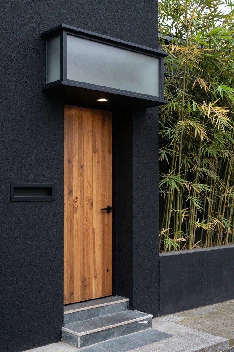 Close view of a house entrance with matte black walls, light vertical-grain wooden door, black handle, frosted glass canopy overhead, slim black mailbox, and tall green bamboo plants beside it, with three gray stone steps leading up.