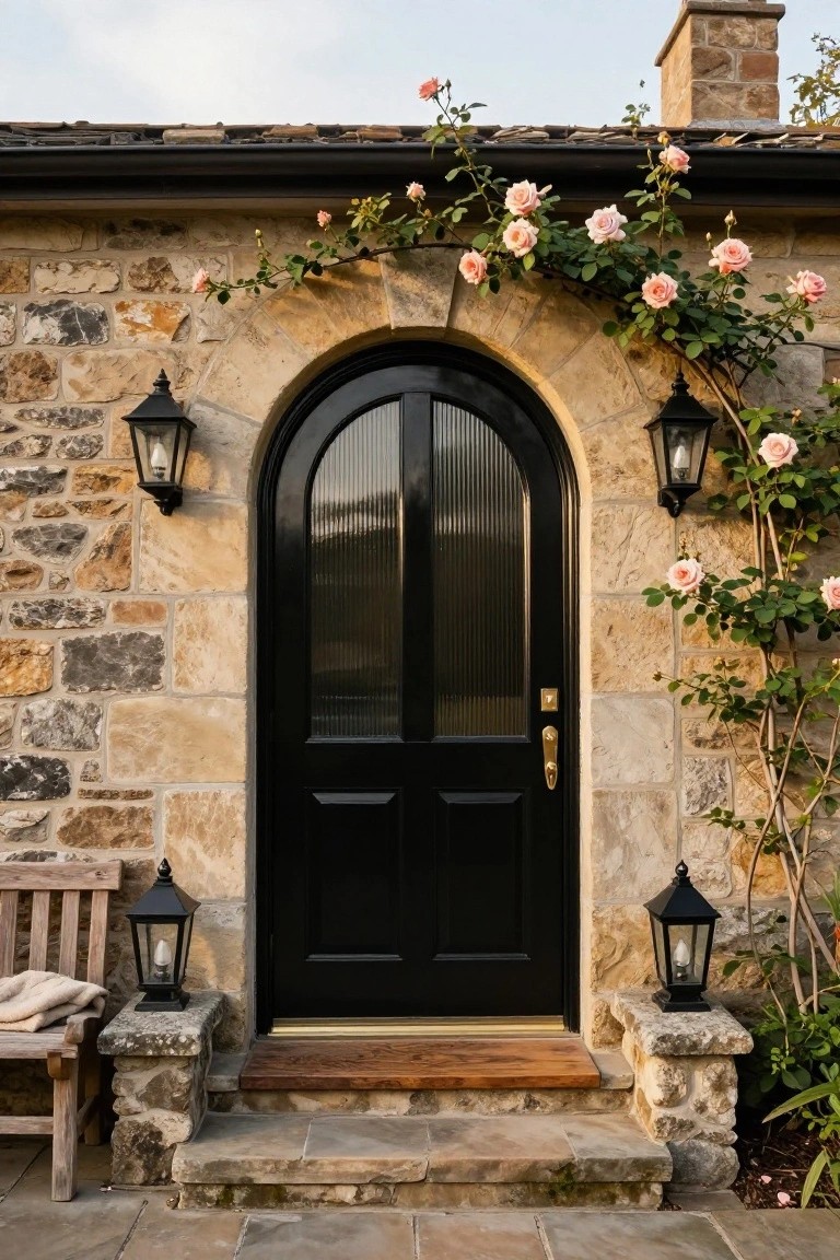 Black paneled arched door in a stone wall entryway covered in climbing pink roses, flanked by black lanterns, with a wooden bench on stone steps nearby.