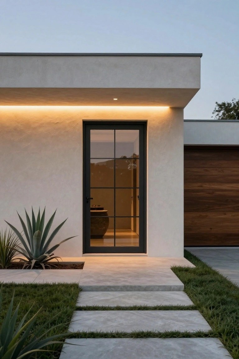 Close-up view of a modern house exterior with a black metal-framed glass entry door featuring grid panes, set in beige stucco wall, agave plants in front, concrete pathway steps, and adjacent wooden garage door at dusk.