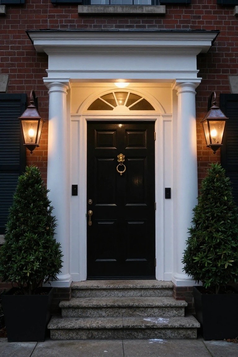 Black paneled front door with brass lion knocker and handle on a brick house facade framed by white columns, lanterns, and potted boxwood shrubs on stone steps.