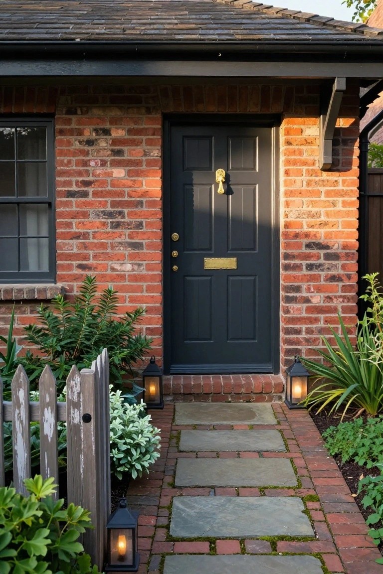 Red brick house exterior with a dark gray front door, gold knocker and letterbox, flanked by plants, lanterns, and a stone path leading to a white picket fence.