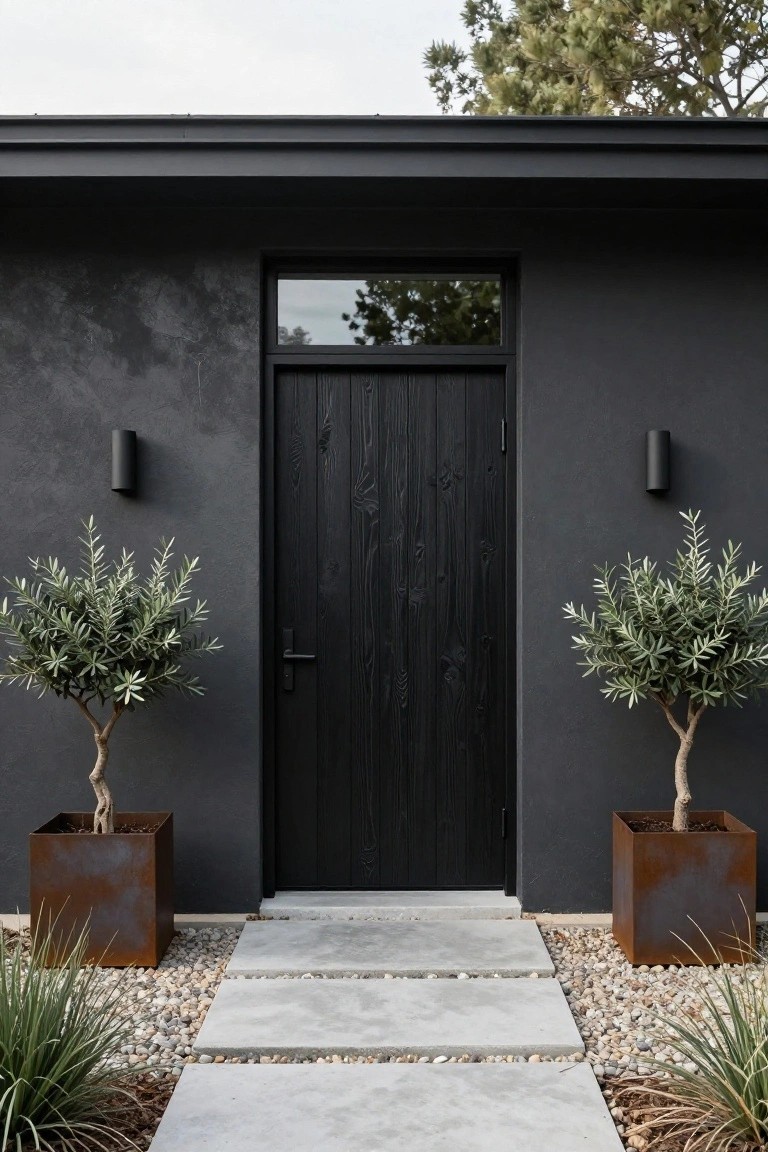 Front entrance of a modern house with dark textured walls, centered black wooden door with vertical grain, flanked by two olive trees in corten steel pots, concrete paver path with white gravel and ornamental grasses on sides.