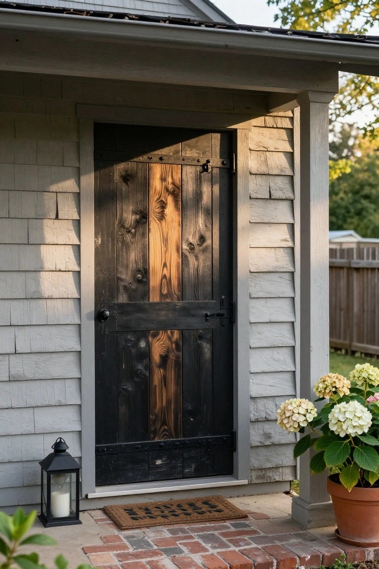 Gray shingled shed exterior with a black wooden door featuring natural wood grain and knots, a black lantern to the left, white hydrangeas in a pot to the right, and a brick pathway with a welcome mat in front.