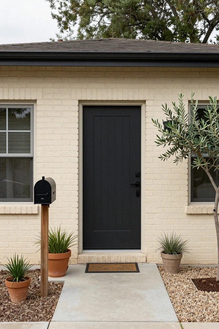 Beige brick single-story house exterior featuring a black paneled front door centered between two windows, with a black mailbox on a wooden post, potted plants, and gravel landscaping along a concrete entry path.
