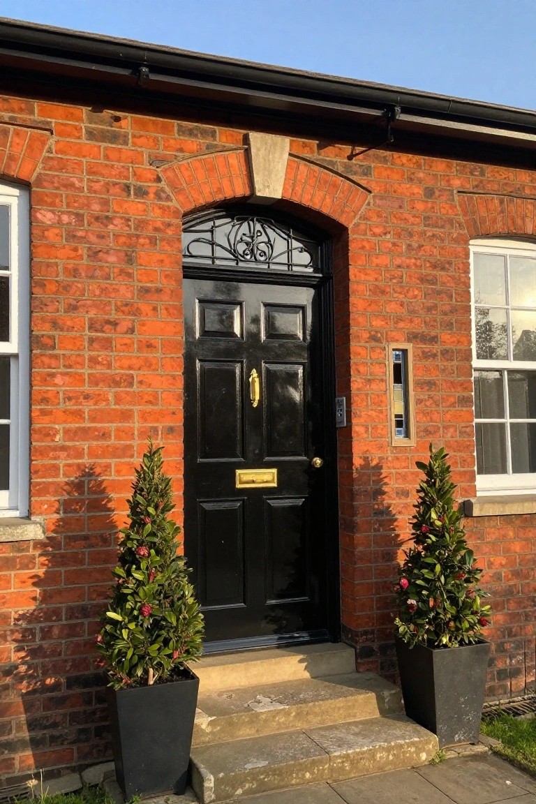 Red brick house exterior featuring a black paneled front door with gold knocker and letterbox under an arched wrought iron transom window, flanked by two black pots with topiary shrubs on stone steps.