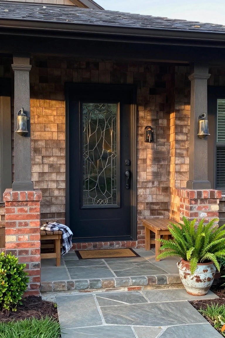 House front porch with black glass-paneled door, shingle siding walls, brick piers, wooden bench with plaid blanket, potted fern, lanterns, boxwoods, and slate stone steps leading to the entry.