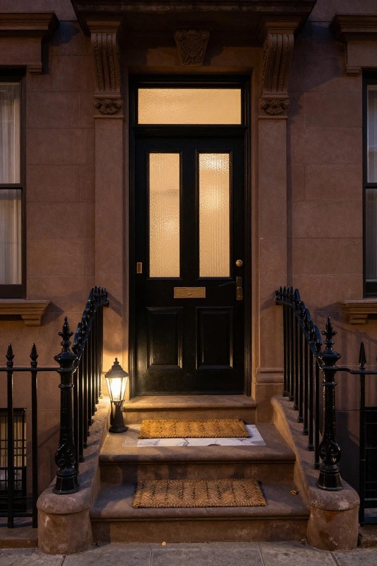 Black double front door with frosted glass panels on a brownstone stoop flanked by wrought iron railings, a lit lantern light, and seagrass mats on the steps.