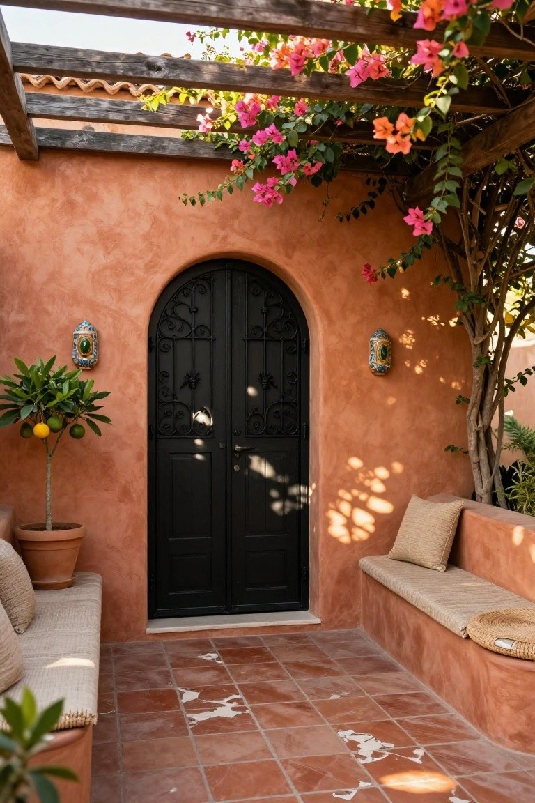 Terracotta stucco exterior wall with arched black wrought iron door, flanked by turquoise tiled lanterns, potted lemon tree, built-in benches, and wooden pergola draped in pink bougainvillea over terracotta tile floor.