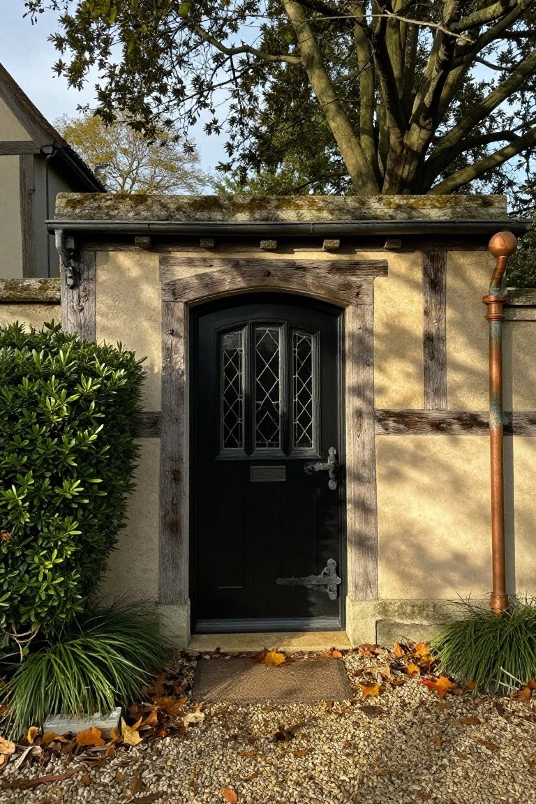 Black arched door with leaded glass panels set in pale stucco wall framed by dark timbers, next to boxwood shrubs, copper downspout, and gravel path with fallen leaves.