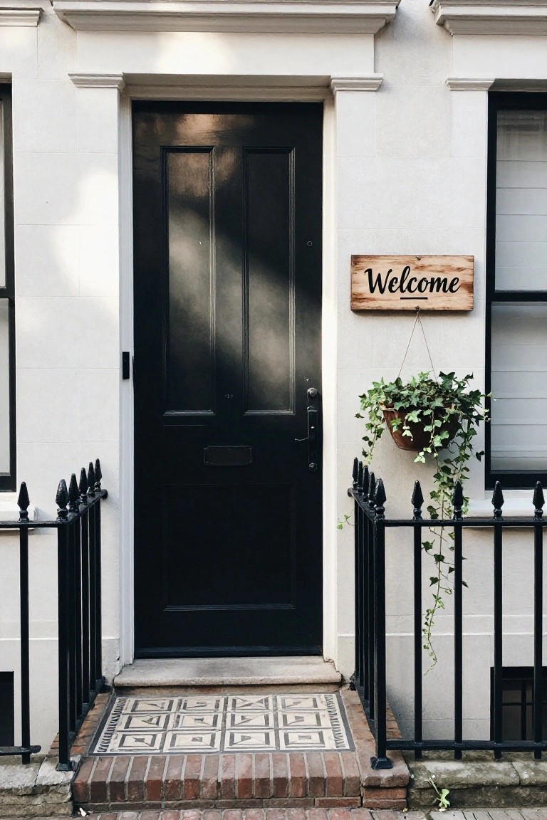 White stucco house exterior with centered black front door, black iron railing along steps, hanging ivy plant in terracotta pot, wooden Welcome sign, and tessellated tile porch.