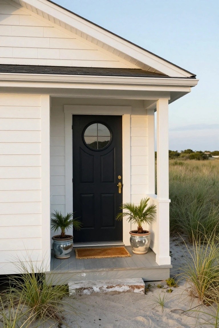White clapboard house exterior featuring a black paneled front door with circular window and gold knob, flanked by two potted palm plants on a small porch with woven doormat, surrounded by beach grass and sand.