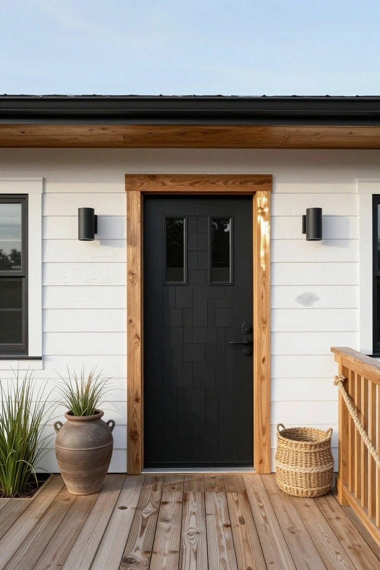 Matte black paneled front door with small windows and brass hardware, set in a wood-trimmed opening on a white shiplap-sided house exterior, flanked by black cylinder wall lights, potted grasses in terracotta urns, a seagrass basket, and a wooden deck porch with railing.