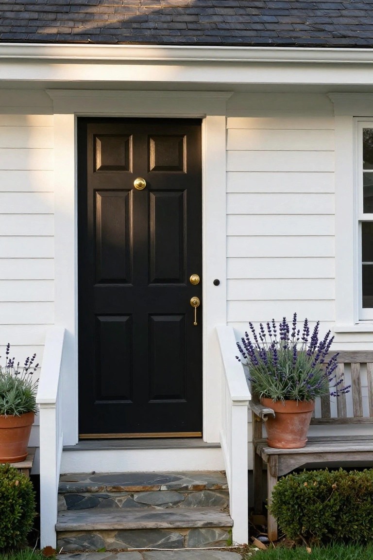 White clapboard house exterior featuring a black paneled front door with brass knocker and knob, flanked by terracotta pots of lavender on a porch with steps, railing, and wooden bench.